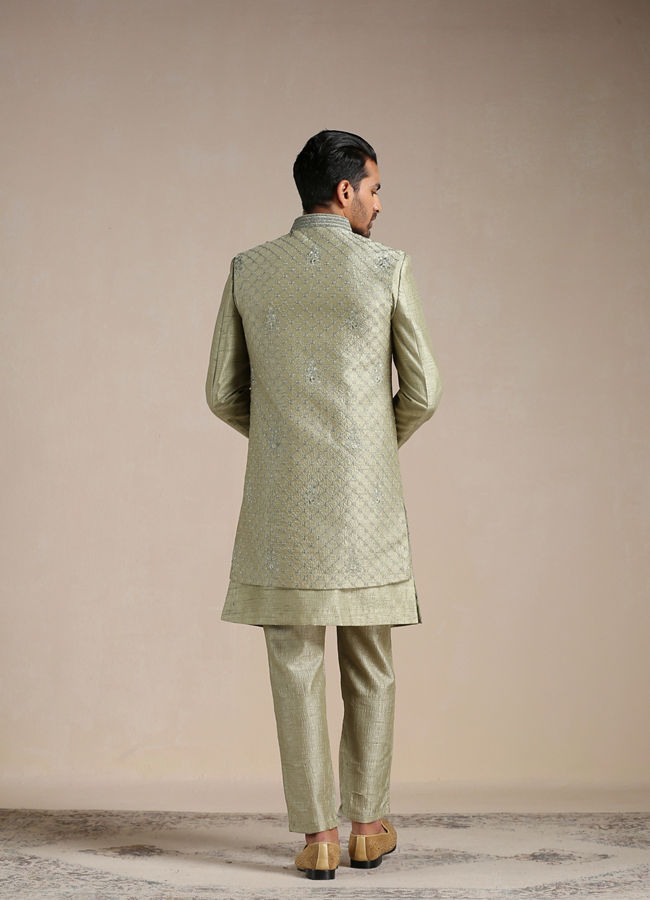 Lime Cream Green Self Embroidered Indo Western Set image number 3